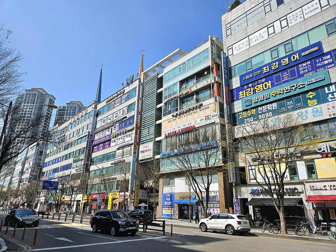 도로변 상가 건물 외벽에 학원 간판이 층층이 붙어 있는 거리